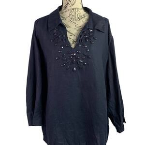 JM Collection Women's 20W Tunic Blouse 100% Linen V-neck Gem Details Holiday Top